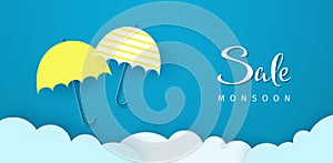 Monsoon sale flyer. Clouds and umbrellas on blue background. Vector illustration