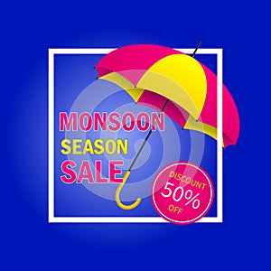 Monsoon sale offer background with ribbon and umbrella. Monsoon season sale concept for poster, flyer, website. Umbrella with