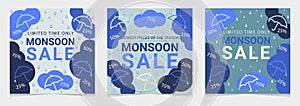 Monsoon sale offer banner template header with clouds, rainbow and umbrella on gradient background
