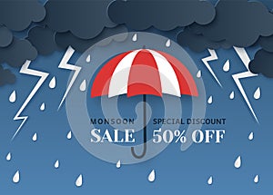 Monsoon sale. Paper cut origami style umbrella, rain and clouds. Thunderbolt, storm weather, best season offer
