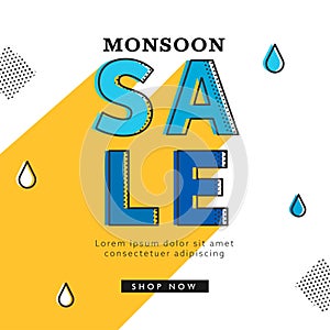 Monsoon Sale Poster Design With Water Drops On Chrome Yellow And White
