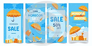 Monsoon sale, Set of 4 vector brouchure, Discount, Offers. monsoon season background. rainy day concept. rainy season photo