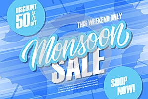 Monsoon Sale special offer background with hand drawn lettering and umbrellas for seasonal shopping.
