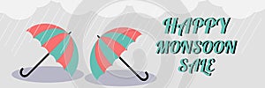 Monsoon sale. Vector illustration of colorful umbrella in rainy season. There are word `Happy Monsoon Sale`, use for web banner,