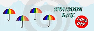 Monsoon sale. Vector illustration of colorful umbrella in rainy season. There are word `Happy Monsoon Sale`, use for web banner,