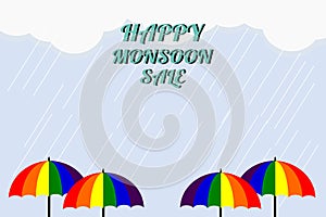 Monsoon sale. Vector illustration of colorful umbrella in rainy season. There are word `Happy Monsoon Sale`, use for web banner,