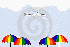 Monsoon season background. Illustration vector of colorful umbrellas in rainy background.