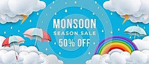 monsoon season sale banner in 3d style with rainbow, rainfall, umbrellas, clouds, and thunder