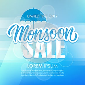 Monsoon Season Sale special offer banner with hand drawn lettering and umbrella for business, promotion and advertising.