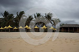 Monsoon storm tempest on the beach with palms and umbrellas.