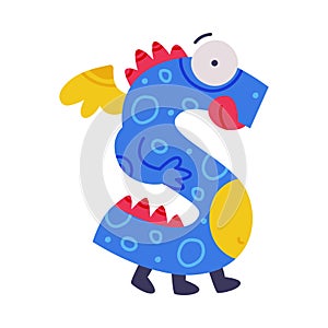 Monster Alphabet with Blue Capital Letter S with Bulging Eyes and Wing Vector Illustration