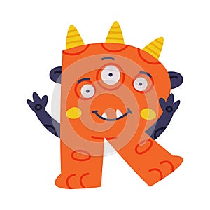 Monster Alphabet with Capital Letter R with Bulging Eyes and Horns Vector Illustration