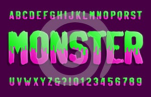 Monster alphabet font. Hand drawn slime letters and numbers.