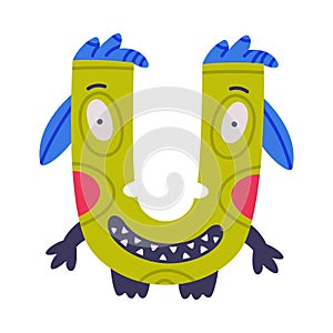 Monster Alphabet with Green Capital Letter U with Bulging Eyes Vector Illustration