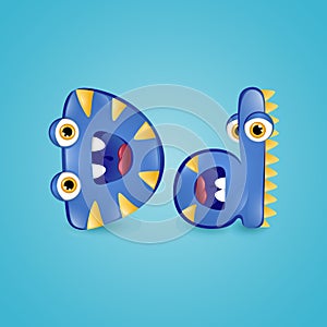 Monster alphabet letter D on blue background. Colourful ABC of cute monsters