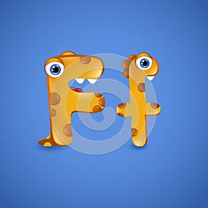 Monster alphabet letter F on blue background. Colourful ABC of cute monsters