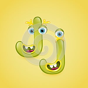 Monster alphabet letter J on yellow background. Colourful ABC of cute monsters