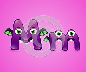 Monster alphabet letter M on pink background. Colourful ABC of cute monsters