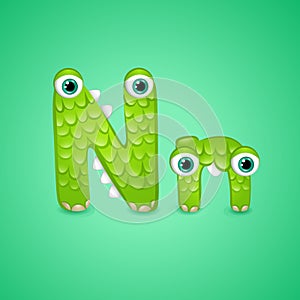 Monster alphabet letter N on turquoise background. Colourful ABC of cute monsters