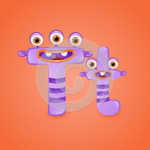 Monster alphabet letter T on orange background. Colourful ABC of cute monsters