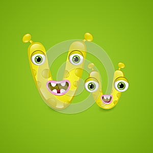Monster alphabet letter V on green background. Colourful ABC of cute monsters