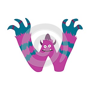 Monster alphabet symbol. Letter W of english alphabet shaped as monster. Children colorful cartoon funny fictional