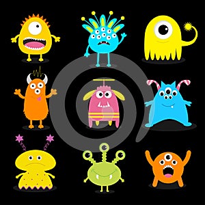 Monster big set. Cute cartoon scary character. Baby collection. Black background.