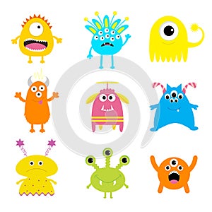 Monster big set. Cute cartoon scary character. Baby collection. White background. Isolated. Happy Halloween card. Flat design.