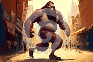 Monster bigfoot runs through city streets and frightens people