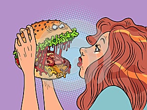 Monster burger character bites a woman in a restaurant, Fast food humor