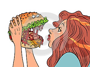 Monster burger character bites a woman in a restaurant, Fast food humor