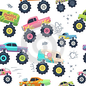 Monster cars seamless pattern. Kid trucks with big wheel. Vector endless background