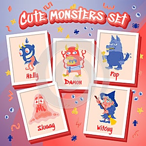 Monster Cartoon Character set. Handdrawn vector illustration with Beast, Wolf, Devil, Witch. Mystery, All Saints Day