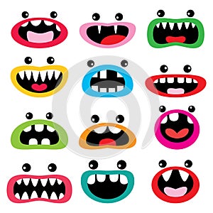 Monster cartoon character  vector icon set, funny faces - open mouth with teeth, tongue and eyes design