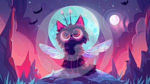 Monster cat on alien or fantasy planet landscape. Cartoon funny fluffy character with fairy wings and antennae, Odd
