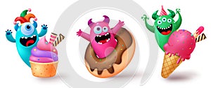 Monster characters vector set design. Birthday cartoon, mascot and creature