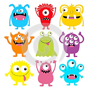 Monster colorful round silhouette icon set. Eyes, tongue, tooth fang, hands up. Cute cartoon kawaii scary funny baby character.