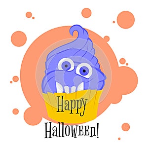 Monster Cute Halloween purple violet Cupcake on a white background. Isolated from background greeting card vector