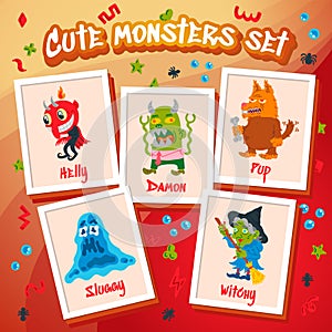 Monster Doodle Character set. Hand drawn vector illustration with Beast, Wolf, Devil, Witch. Mystery, All Saints Day