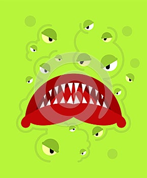 Monster face. Teeth and jaws of green monstrosity