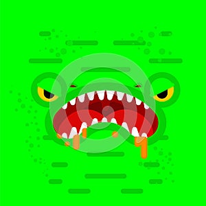 Monster face. Teeth and jaws of green monstrosity