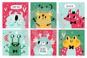 Monster faces cards. Childish cute creatures, imaginary funny characters, little comic animals with horns and teeth