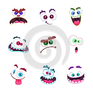 Monster faces. Crazy avatar funny character emoticons with eyes and toothy mouths cartoon monsters face collection