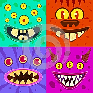 Monster faces. Cute horned crazy goblin and slimy gremlin, scary aliens. Halloween funny trolls, zombie head cartoon