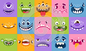 Monster faces. Funny cartoon monsters heads, eyes and mouths. Scary characters for kids. Halloween monsters or aliens emotions
