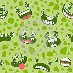 Monster faces seamless pattern. Cartoon halloween monsters, ghosts and aliens eyes, mouths and teeth. Scary creatures