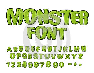 Monster font. Green scary letters. Vector alphabet. Live Abc