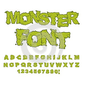 Monster font. Horrible Alphabet letters of green. Sweet Frighten