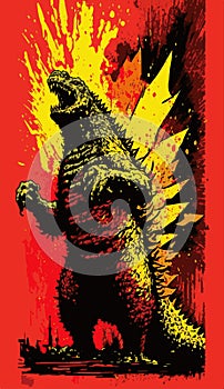 Monster Godzilla raging in a flaming city Japanese icon art design vector template with red circle paint background.