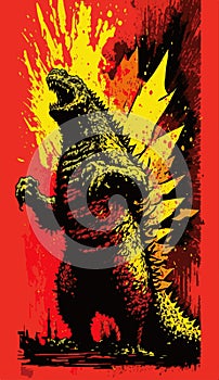 Monster Godzilla raging in a flaming city Japanese icon art design vector template with red circle paint background. photo